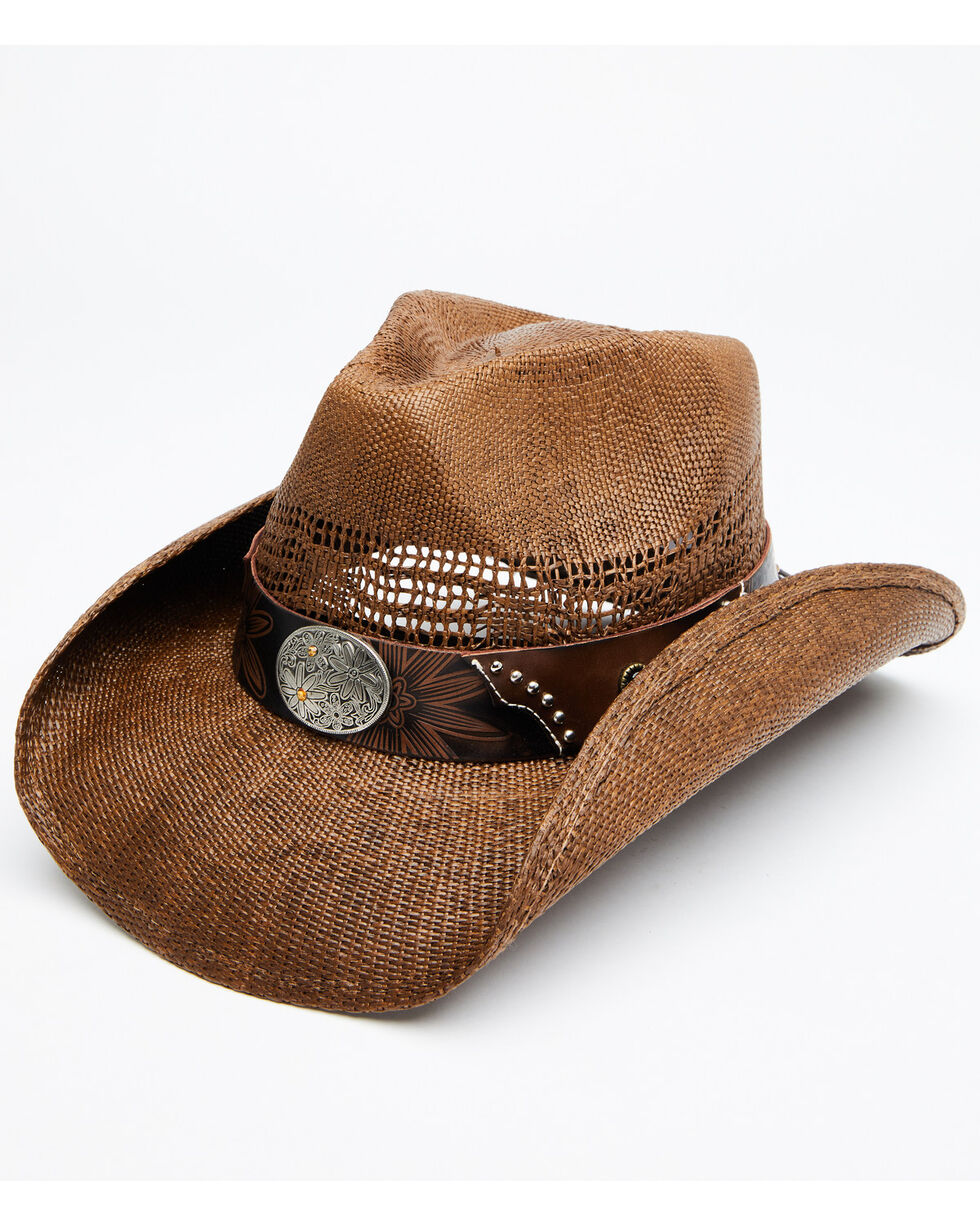 Shapeable Brim Natural Straw Cowboy Hat for Women Faux Leather Trim